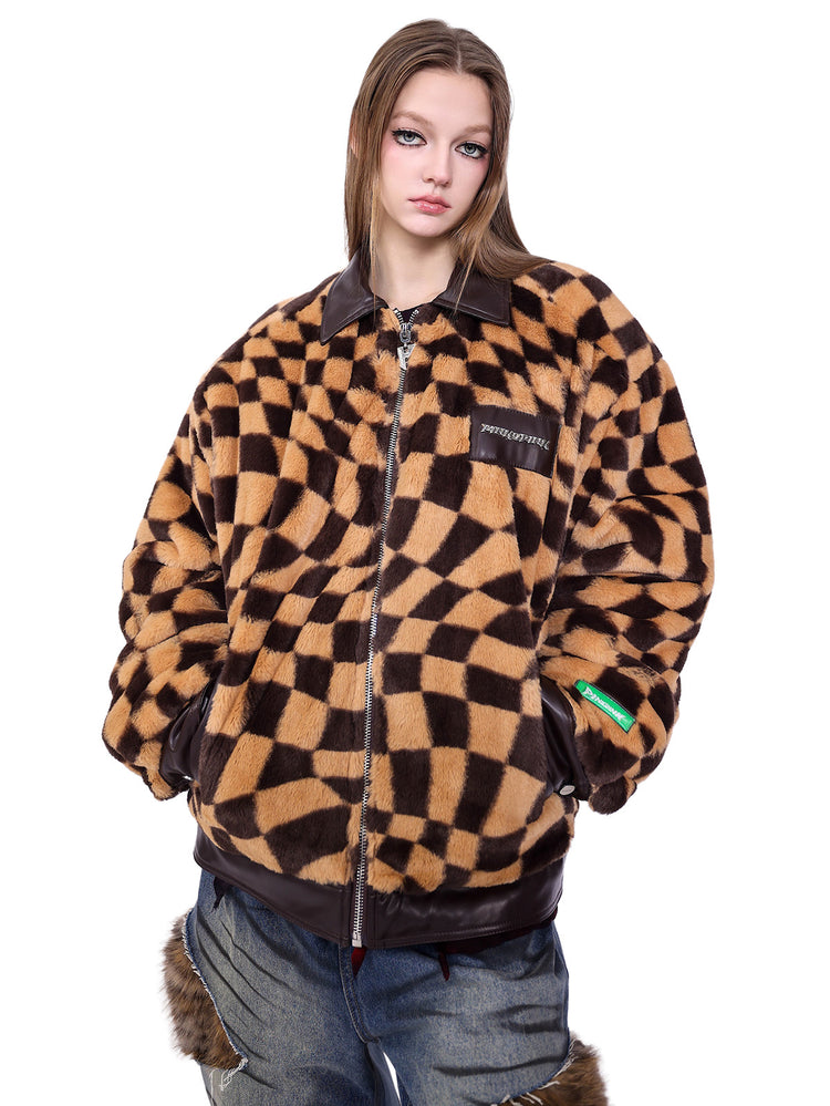 PINKSPINK WARPED checkerboard padded faux-fur jacket — caramel brown checkerboard jacket — front close view of texture and zipper