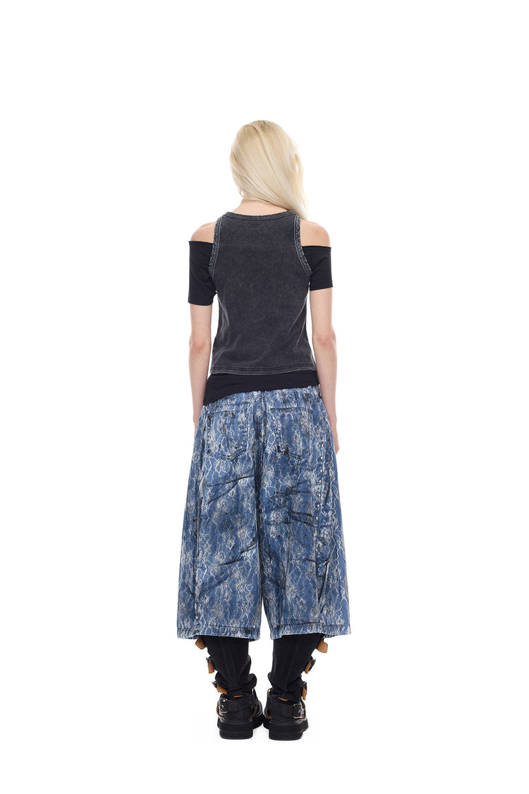 PINKSPINK ELECTRIC MOON lace-coated wide-leg denim shorts in blue — full-length back modeled view styled with a black tank top