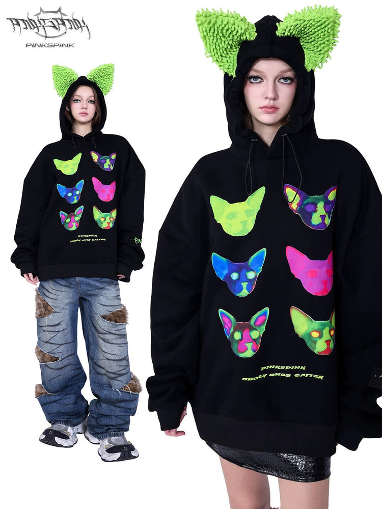 PINKSPINK SPHYNX electronic-print cat-ear hoodie — cleaned hero collage showing the complete design