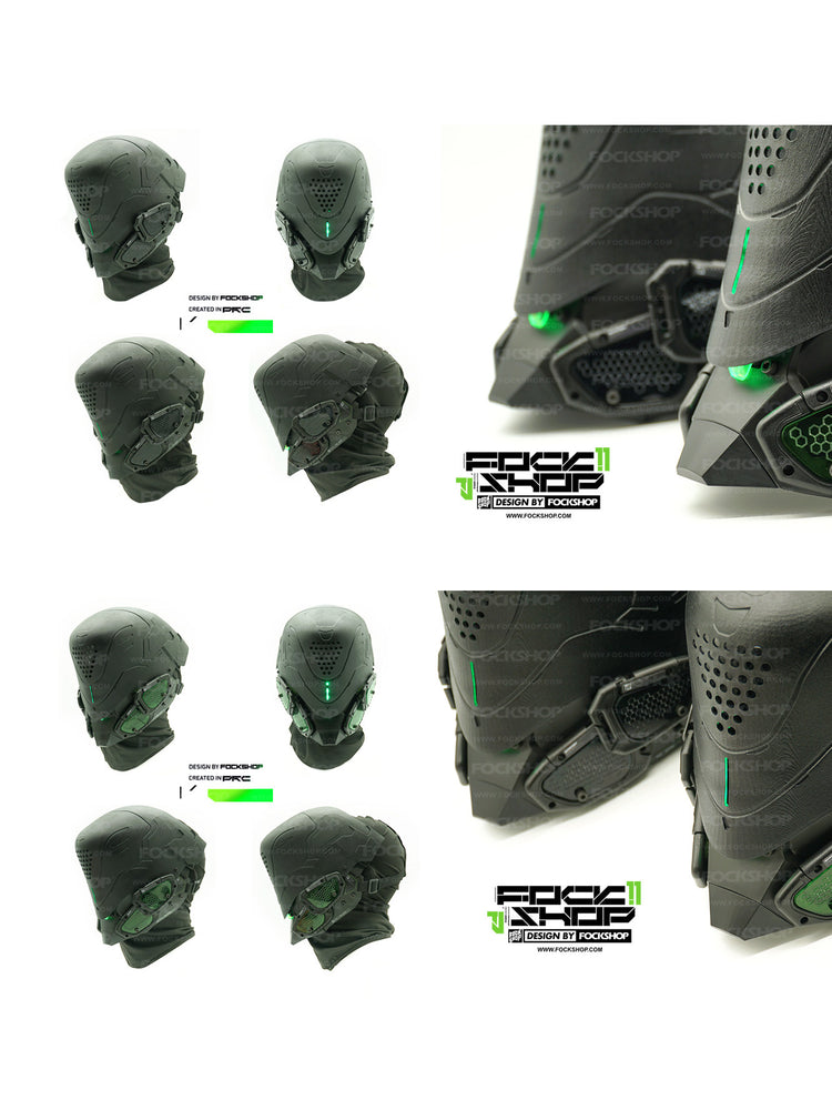 FOCKSHOP PROPHECY illuminated cyber mask — original front, side and rear views comparing black and green cheek panels