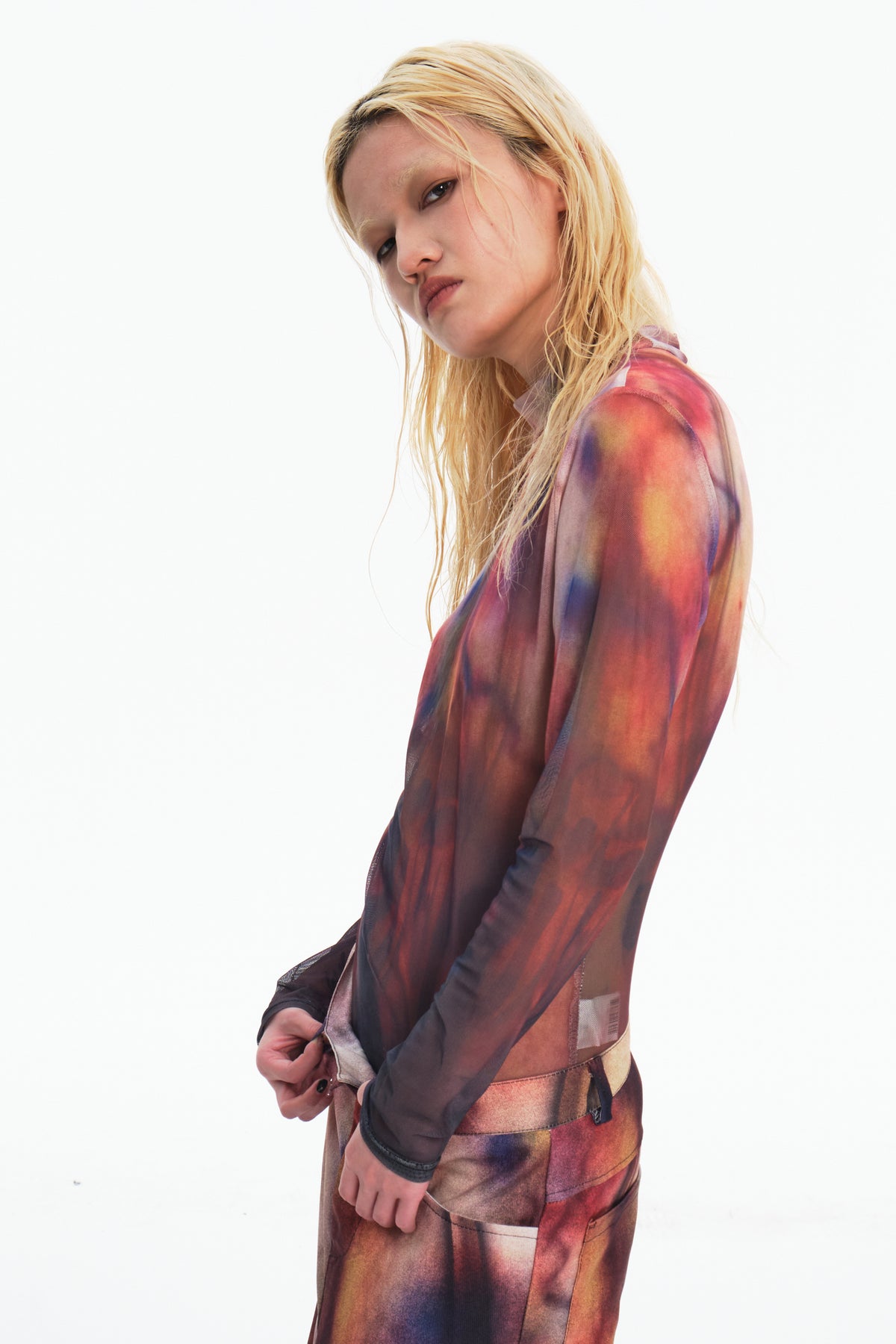 EMBRYO BRUISE SIGNAL printed mesh top — rear modeled view