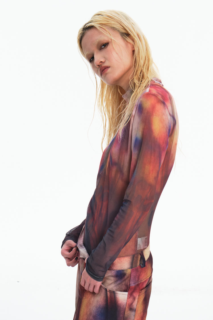 EMBRYO BRUISE SIGNAL printed mesh top — rear modeled view