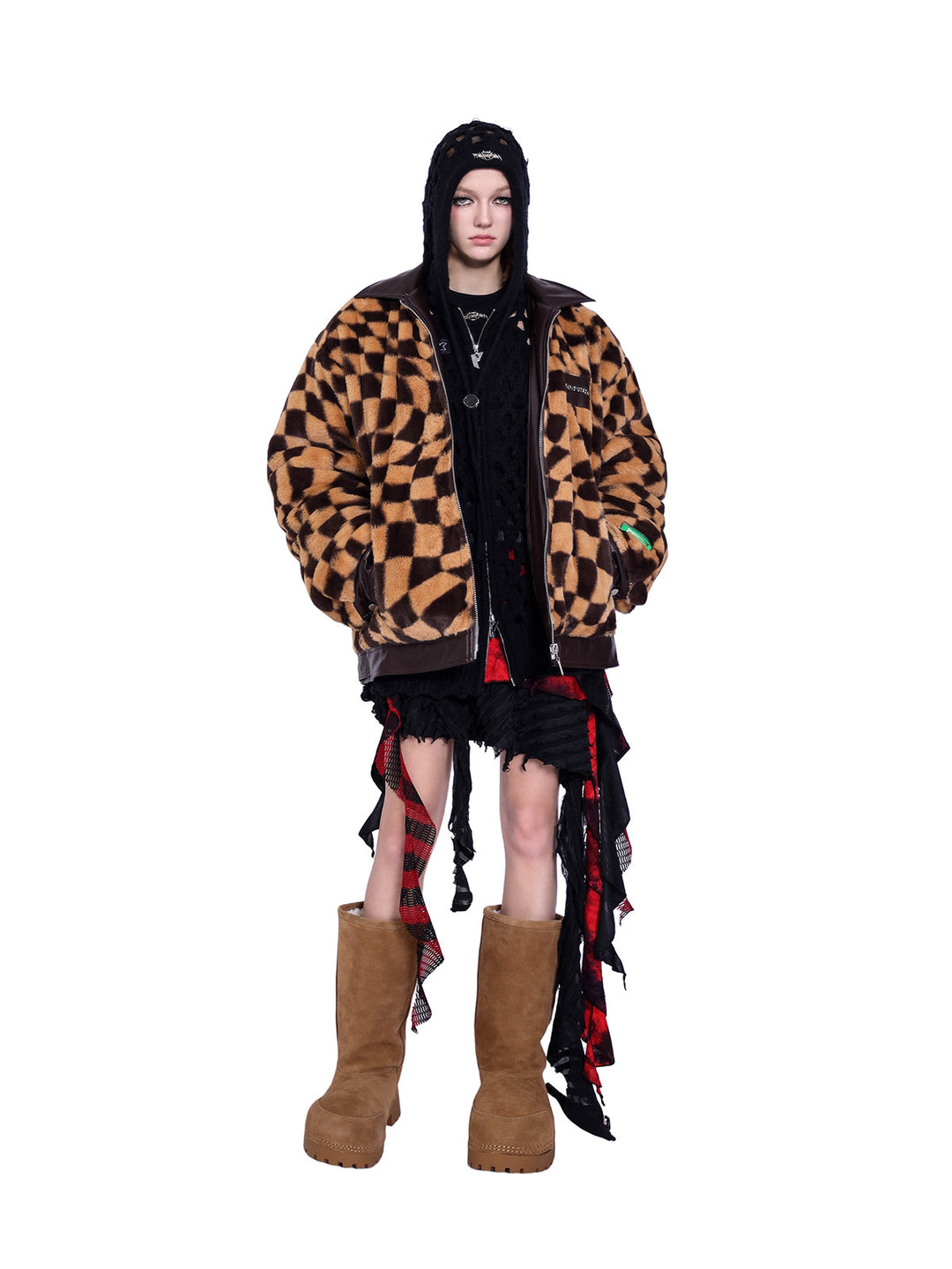 PINKSPINK WARPED checkerboard padded faux-fur jacket — caramel brown checkerboard jacket — front view with hands in pockets