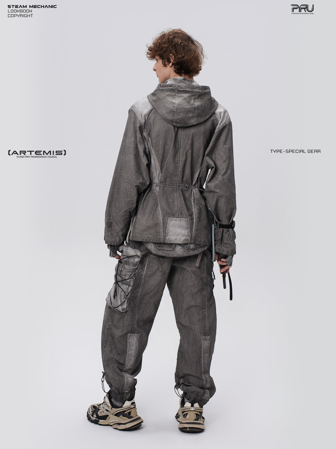STARCORE meteor gray distressed work jacket — full-length rear three-quarter view