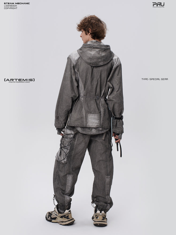 STARCORE meteor gray distressed work jacket — full-length rear three-quarter view