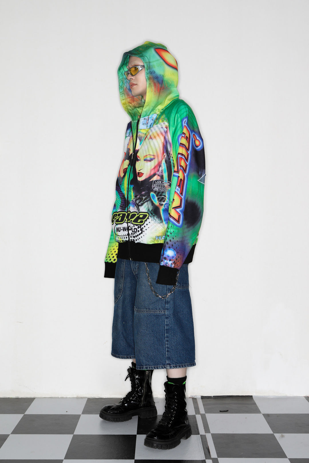 DEADENDKIDS ALIEN INVASION graphic fleece zip hoodie — alternate modeled angle