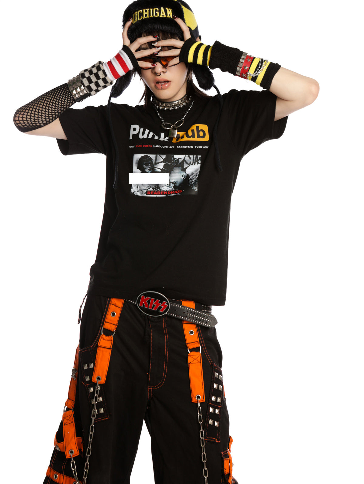 DeadEndKids PunkHub black graphic T-shirt — hands-at-hat gallery view