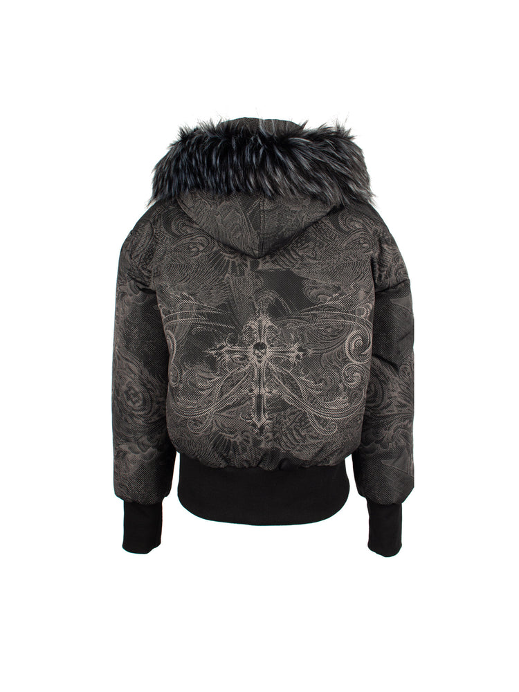 4RE1GN GOTHIC down jacket in charcoal ornamental print — Back garment-only view showing the hood, central motif and ribbed cuffs.