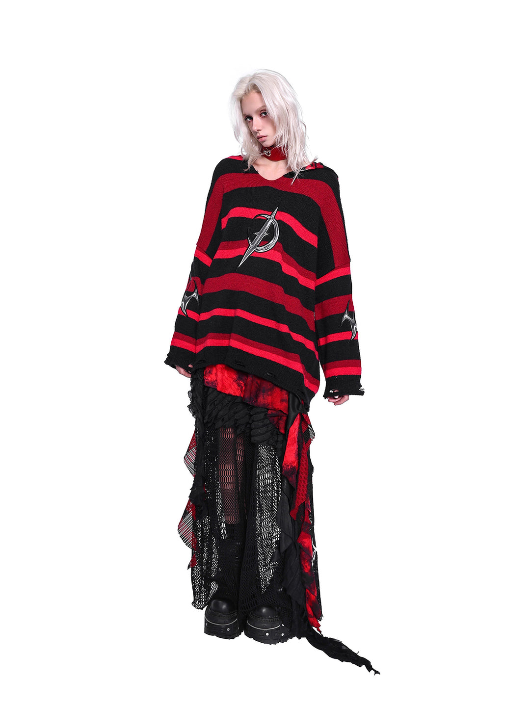 PINKSPINK ELECTRIC MOON striped hooded sweater in BLACK AND RED — full-body angled front view with hood down.
