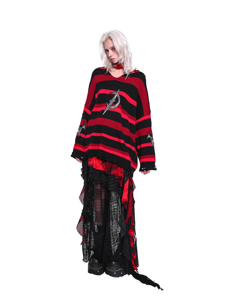 PINKSPINK ELECTRIC MOON striped hooded sweater in BLACK AND RED — full-body angled front view with hood down.