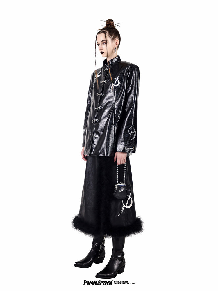 PINKSPINK ELECTRIC MOON embroidered buckle jacket — black full-length side view with a matching fur-trim skirt