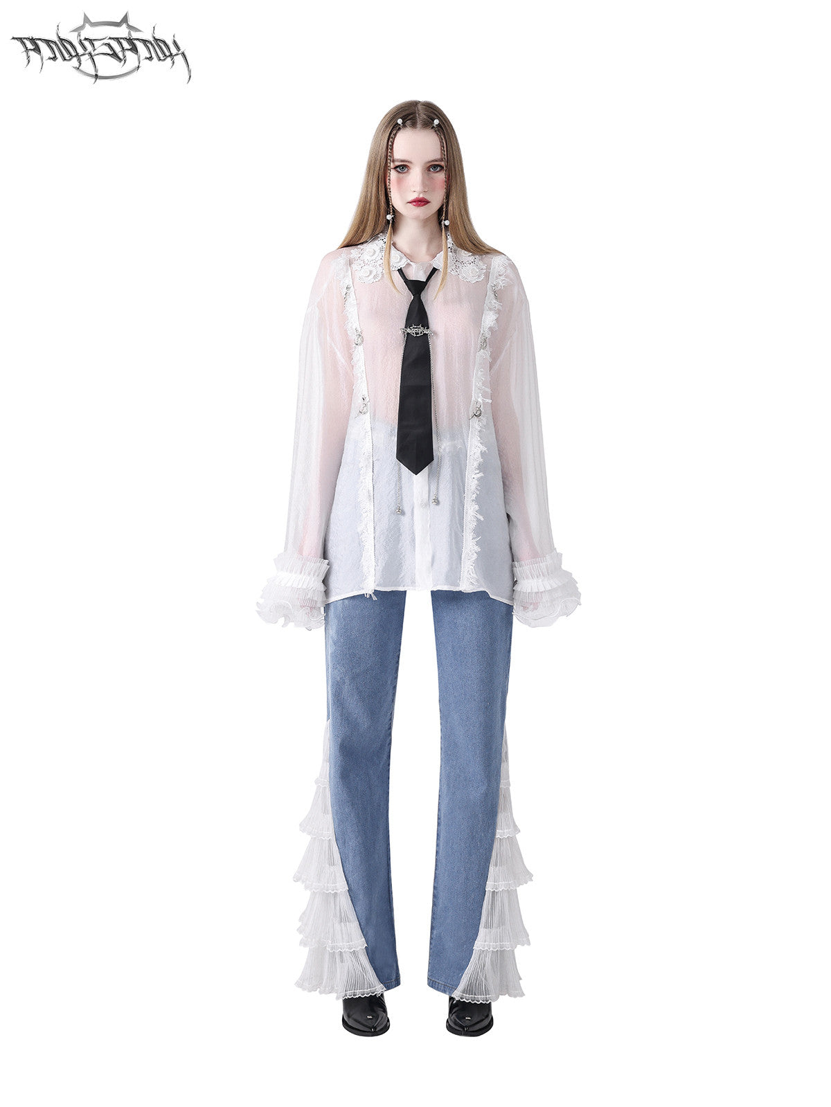 PINKSPINK FAIRY lace-trim sheer blouse — full-length front modeled view styled with a separate black tie