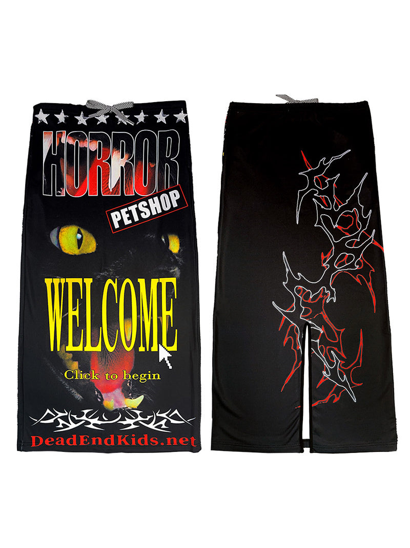 DeadEndKids Horror Petshop black graphic maxi skirt — front and back garment-only views