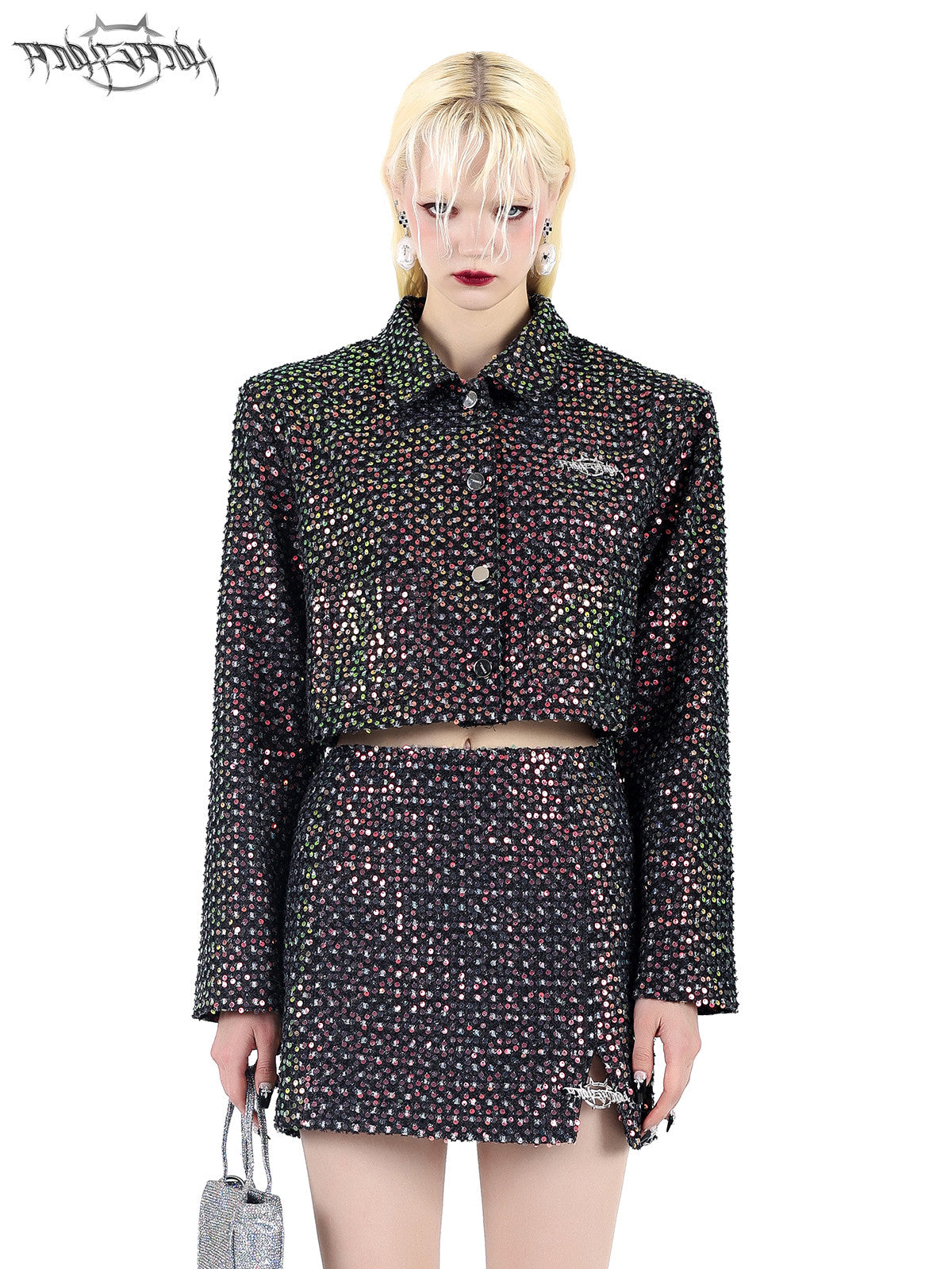 PINKSPINK SPARK sequined jacket and mini skirt set — black sequined jacket and skirt, close front modeled view