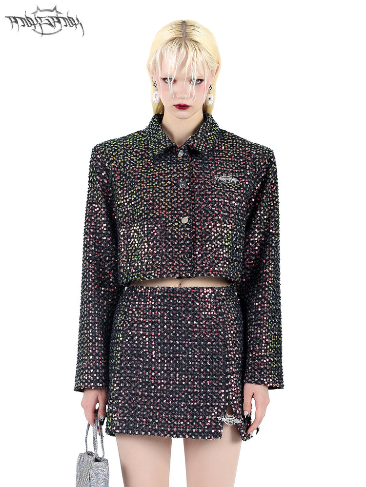 PINKSPINK SPARK sequined jacket and mini skirt set — black sequined jacket and skirt, close front modeled view