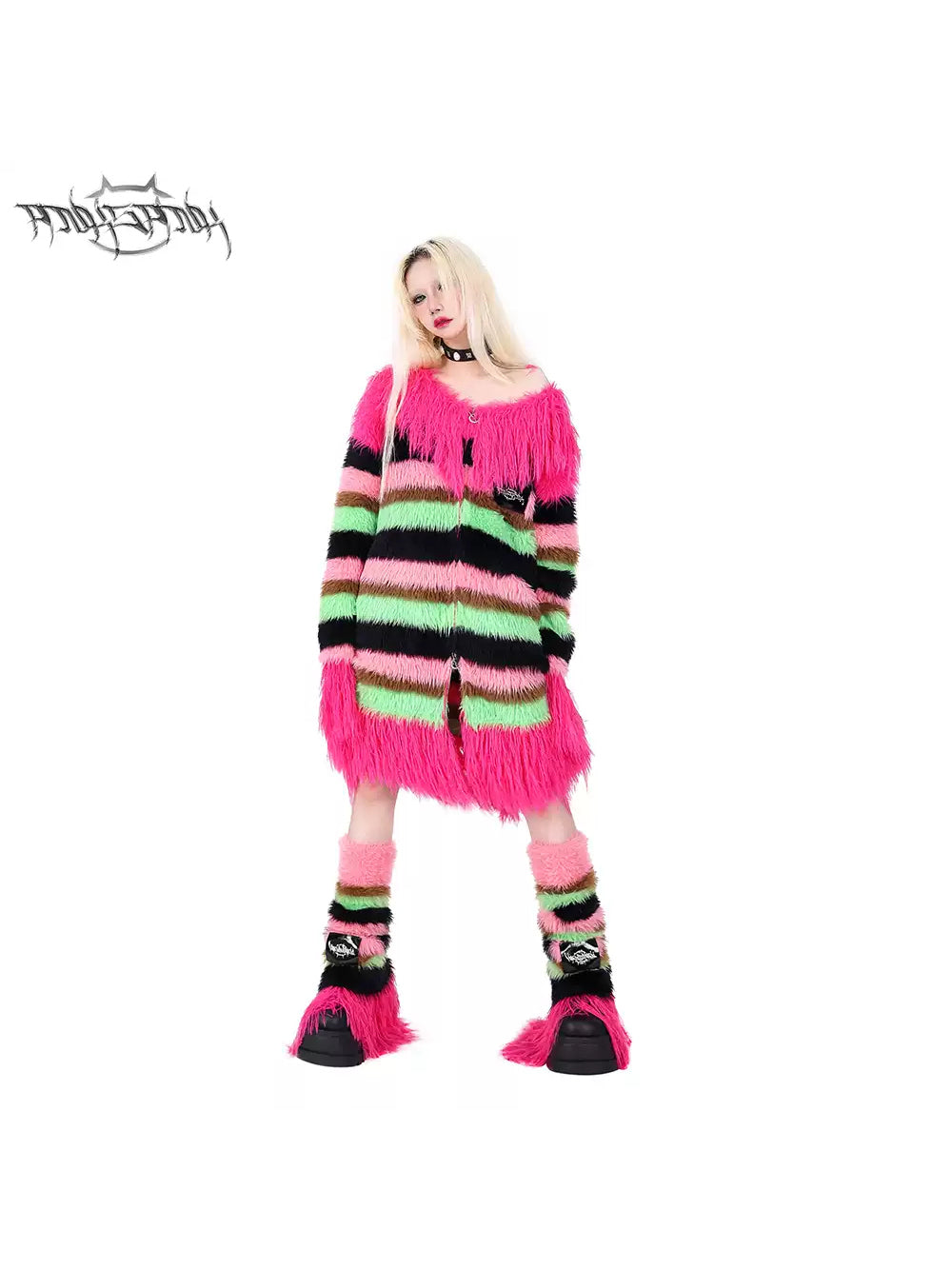 PINKSPINK FUTURE COLOR striped knit leg warmers — modeled front styling view