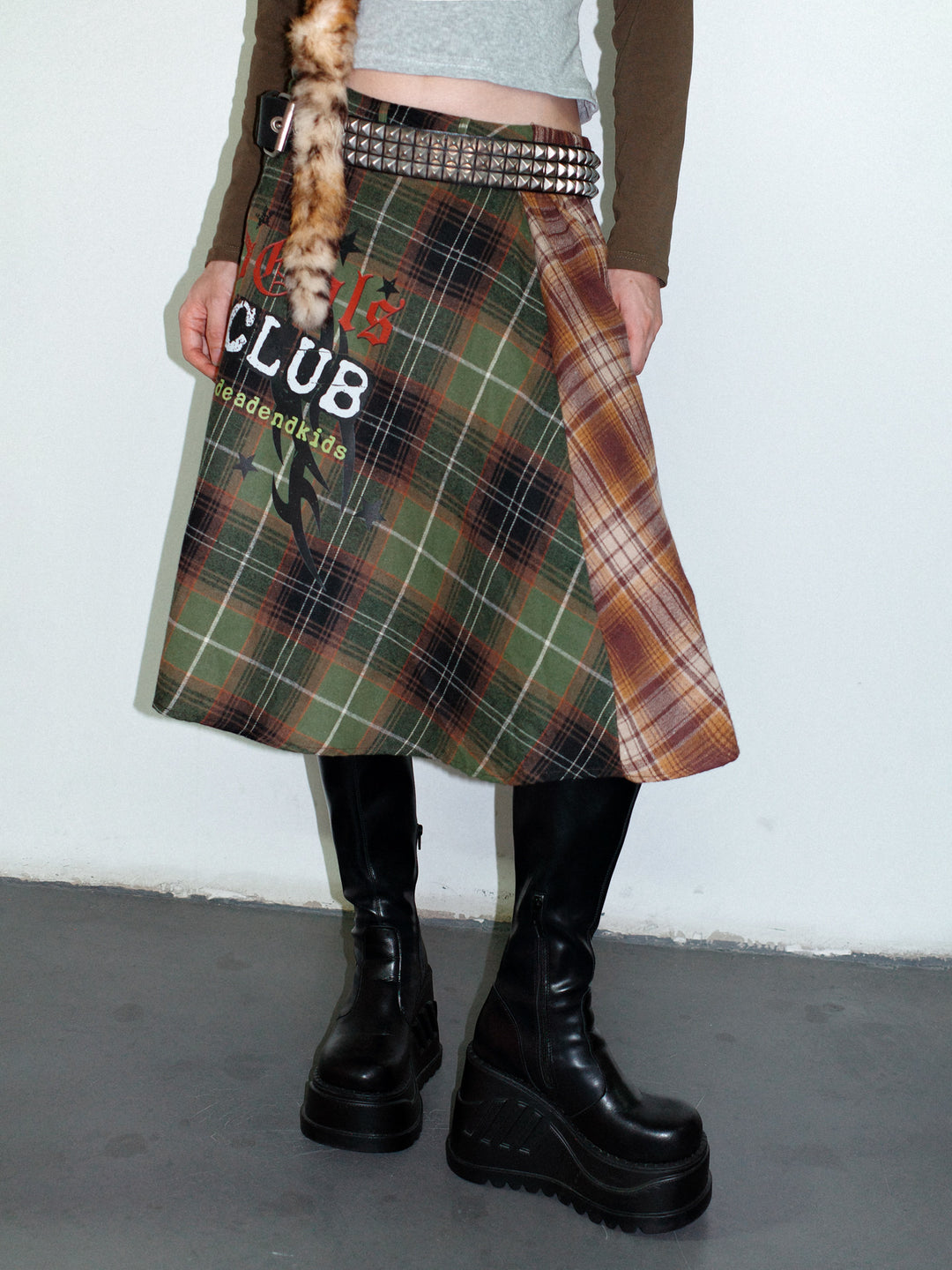 DeadEndKids BadGals Club double-sided plaid A-line skirt — green-brown alternate front view