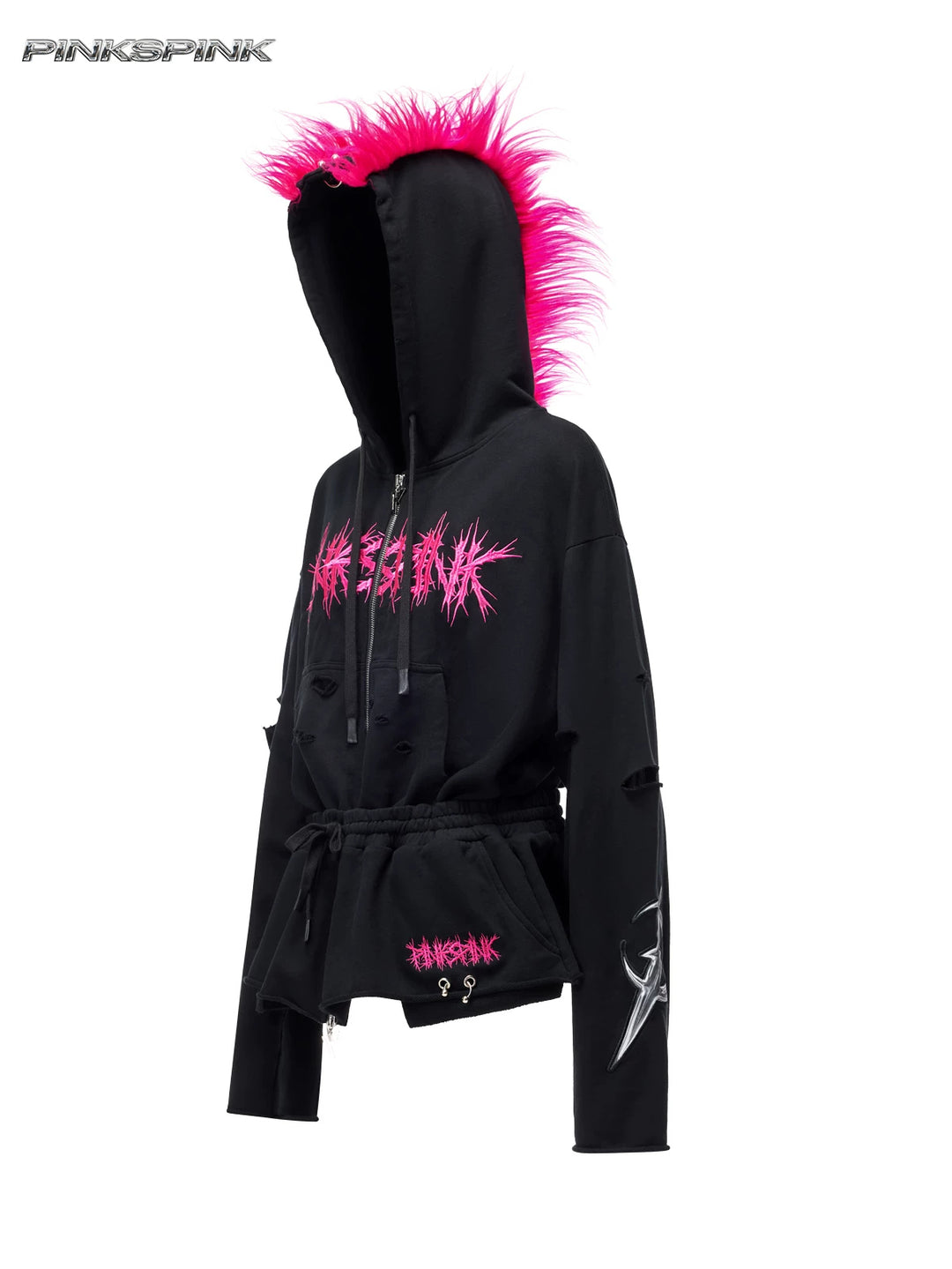 PINKSPINK MOHAWK RITUAL studded zip-up hoodie — front garment-only view with mohawk hood