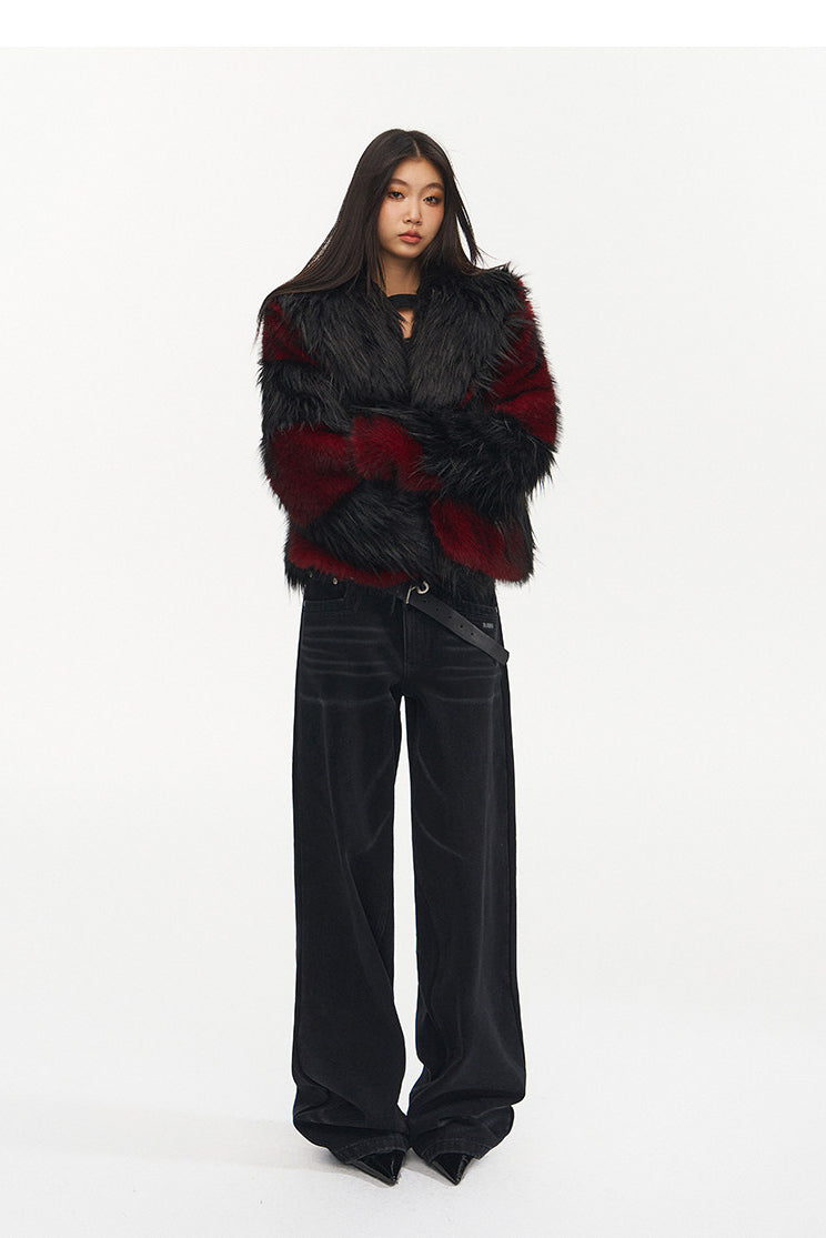 NAWS NIGHT GARDEN faux-fur jacket — modeled detail view of the garment construction