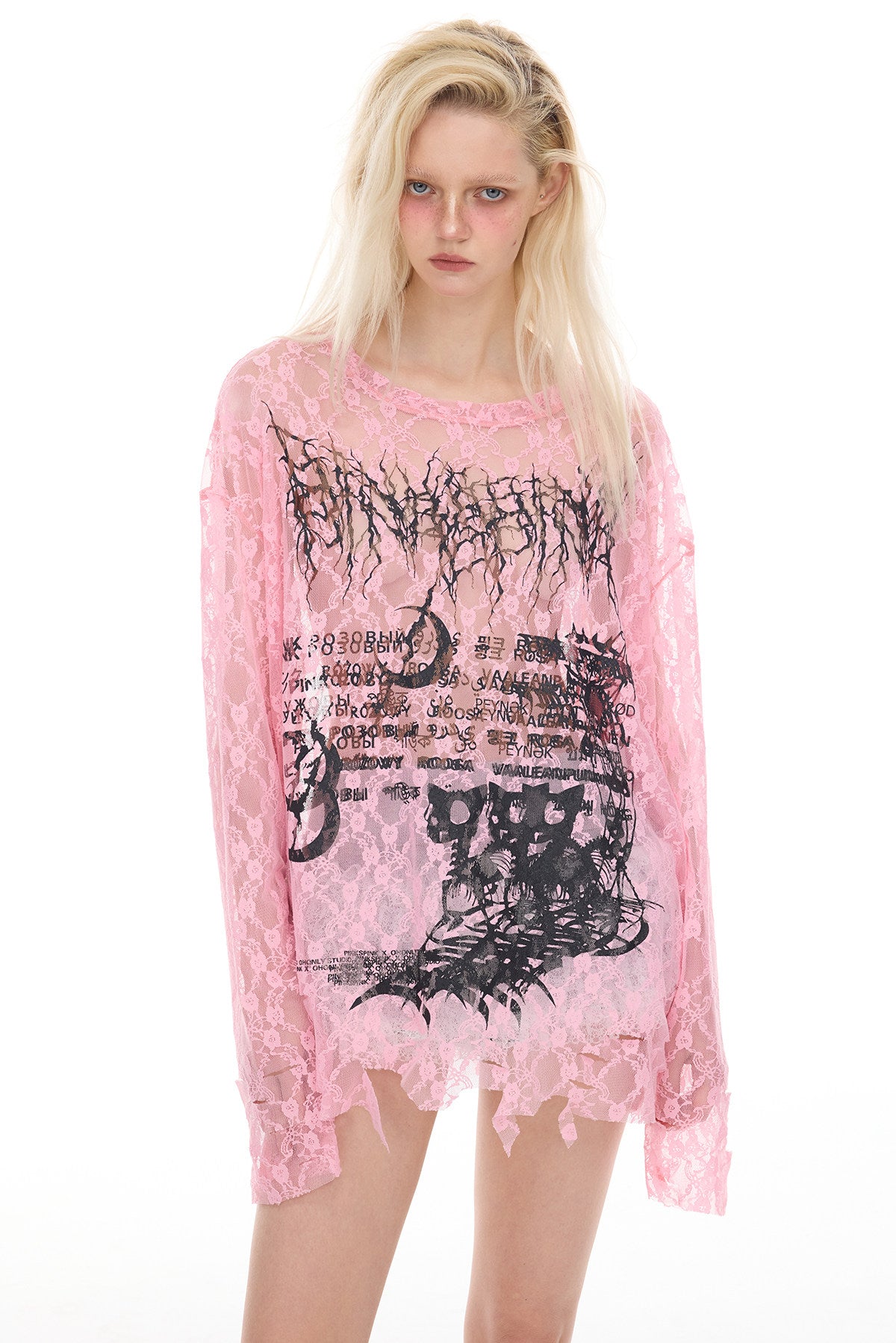 PINKSPINK ELECTRIC MOON thorn-cat distressed lace layering tee — close modeled view highlighting the construction