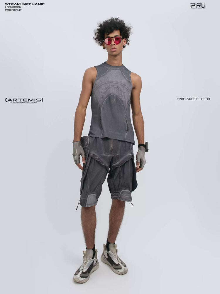 AEGIS stellar blue distressed mesh tank top — full-length angled front modeled view