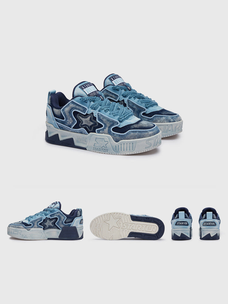 STARTER VOL 90S Denim Blue sneakers, studio pair, side, outsole and heel views