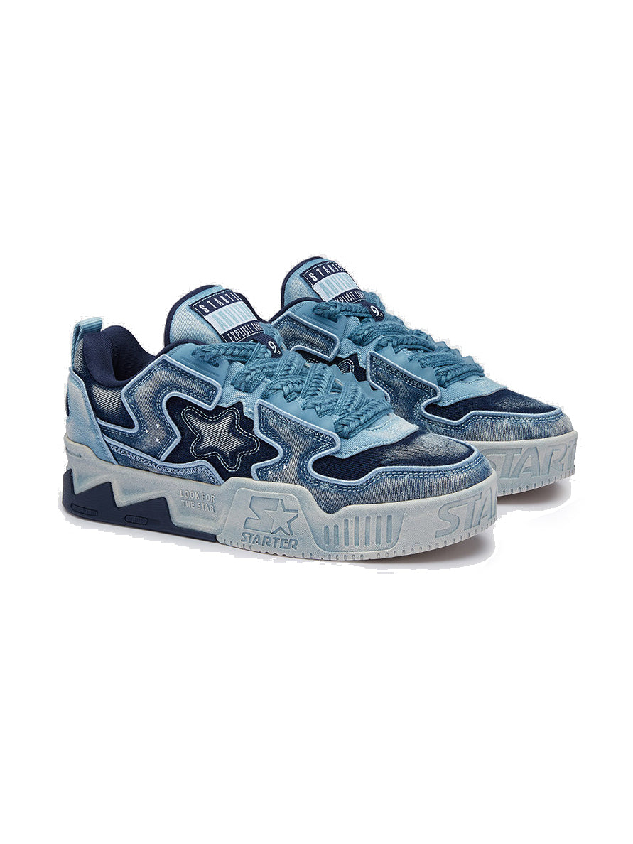 STARTER VOL 90S washed denim platform sneakers — complete pair in a front three-quarter studio view on a clean white background.