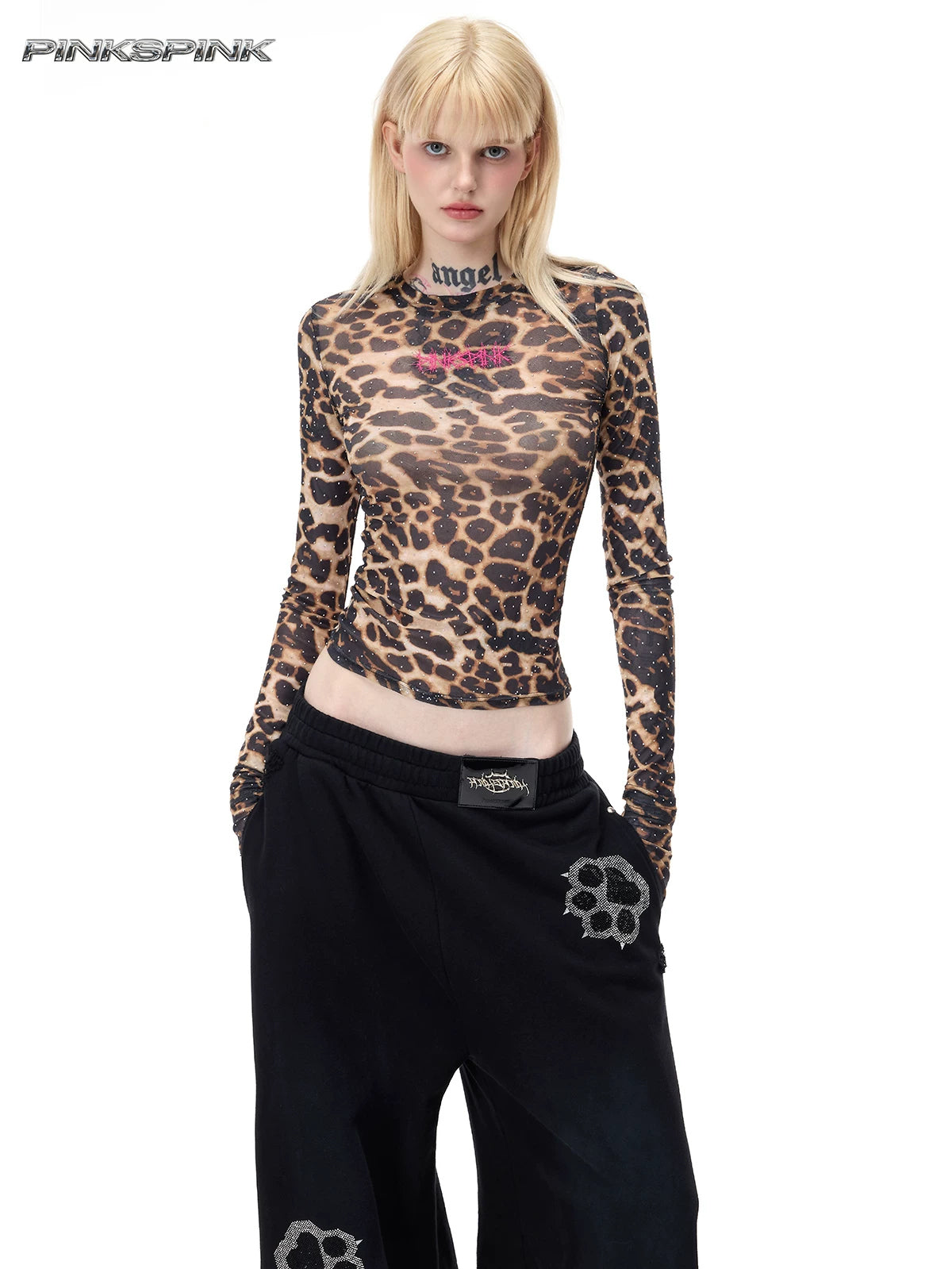 PINKSPINK VENOM rhinestone leopard mesh tee in brown leopard — front modeled view showing the sheer fitted cut