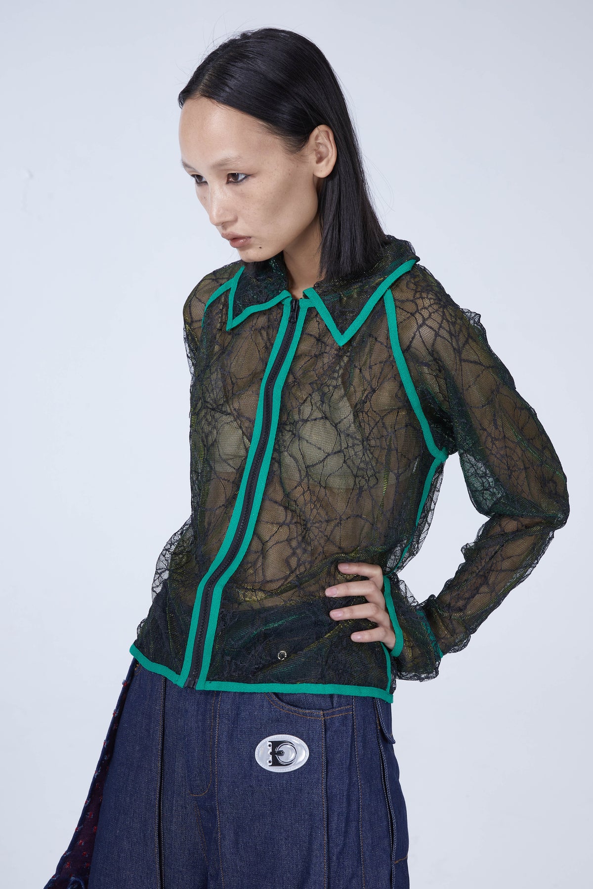 EMBRYO SPIDERWEB tearaway sheer shirt — rear modeled view