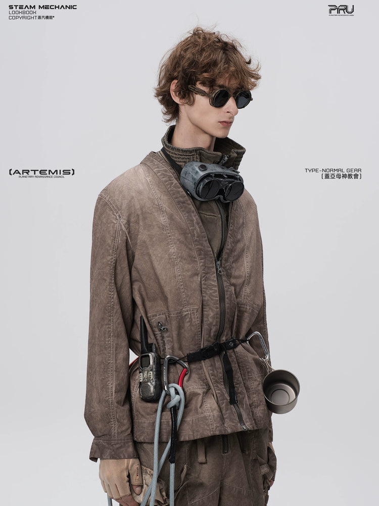 GAIA ochre brown open-collar technical robe — alternate modeled angle