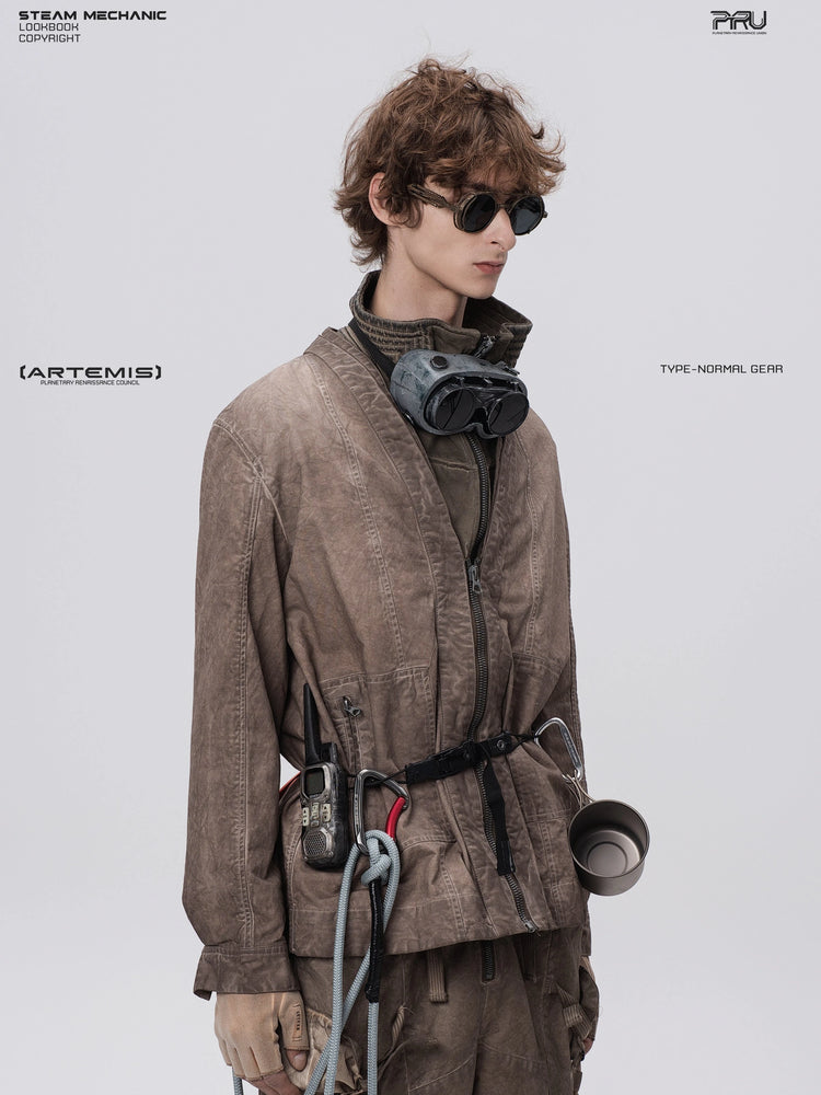 GAIA ochre brown open-collar technical robe — three-quarter front modeled view
