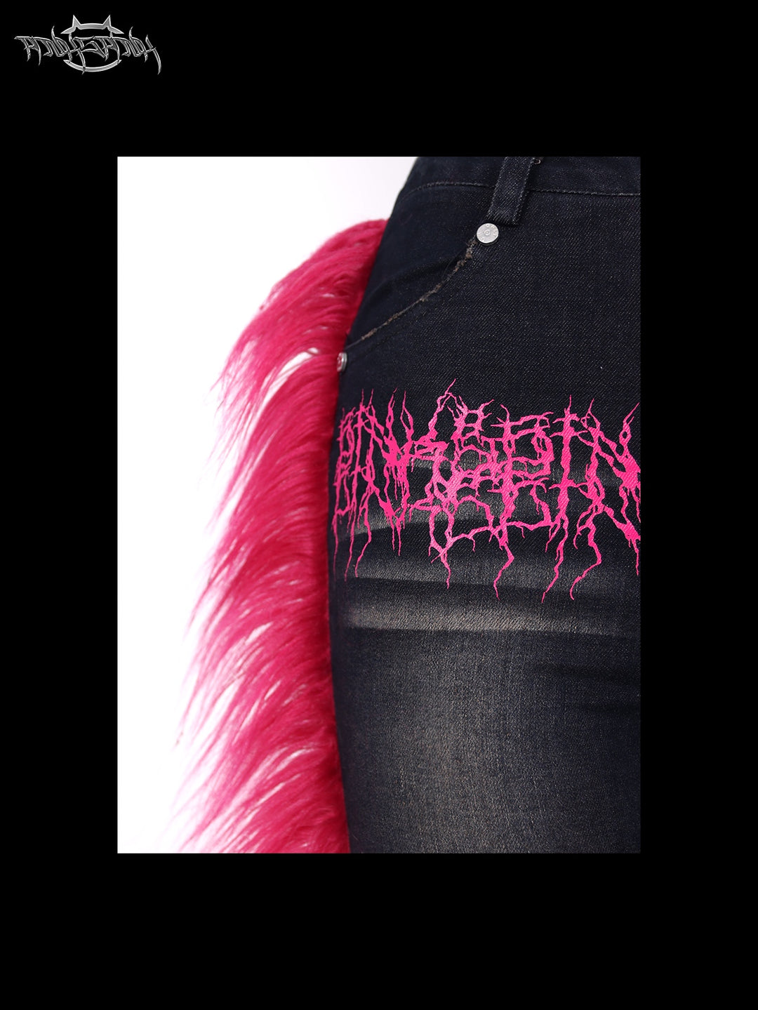 PINKSPINK BARBIE faux-fur flared jeans in PINK — waist pocket, pink print and faux-fur detail.