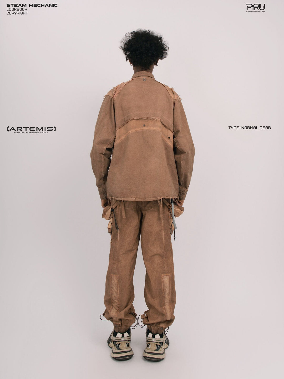CHAOS ERA raw-edge technical shirt in soft dawn orange — full-length rear modeled view