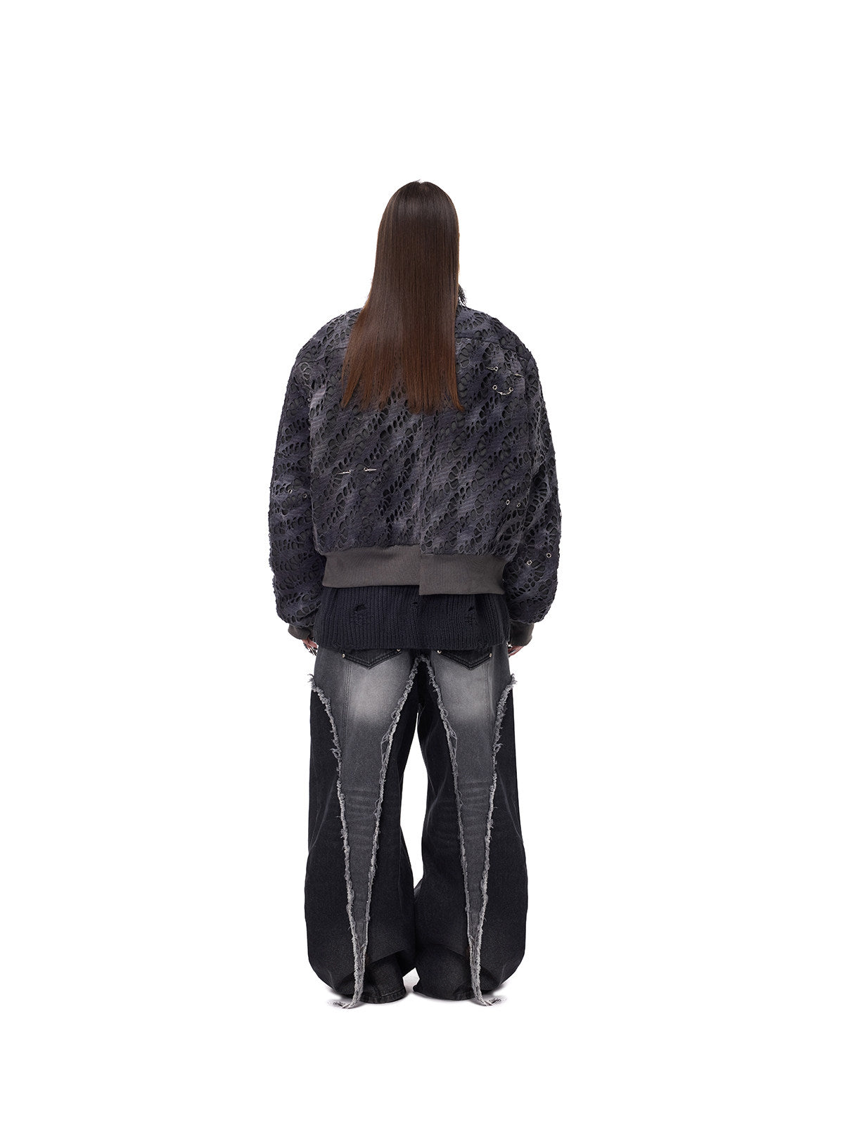 PINKSPINK ELECTRIC MOON reconstructed wide-leg jeans — back full-length styling with dark jacket