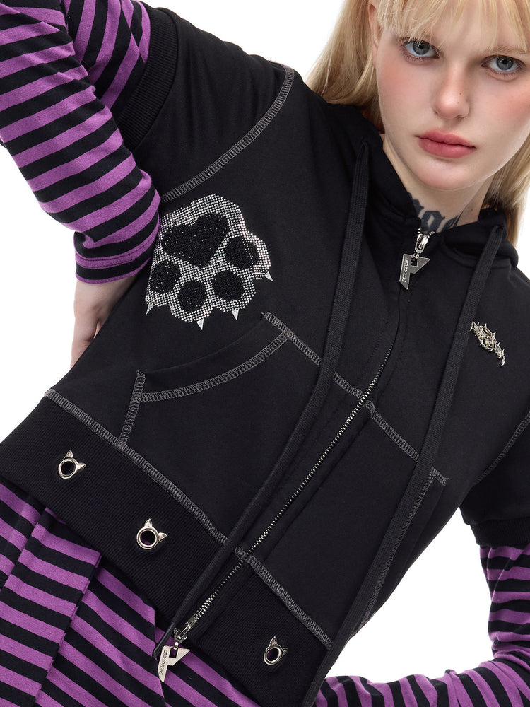 PINKSPINK GHOSTHAND striped glove-sleeve tee in purple and black — close layering detail showing the striped sleeve beneath a separate black cropped hoodie