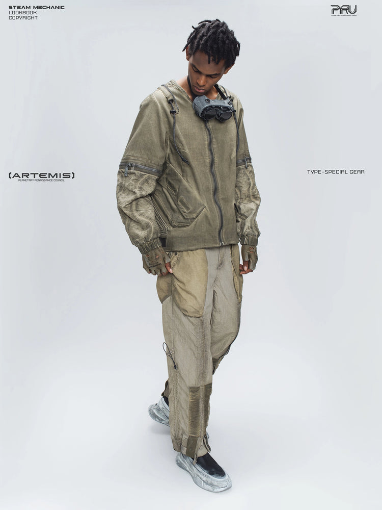 STARCORE mercury brown engineer utility pants — full-length modeled view without the vest, looking down