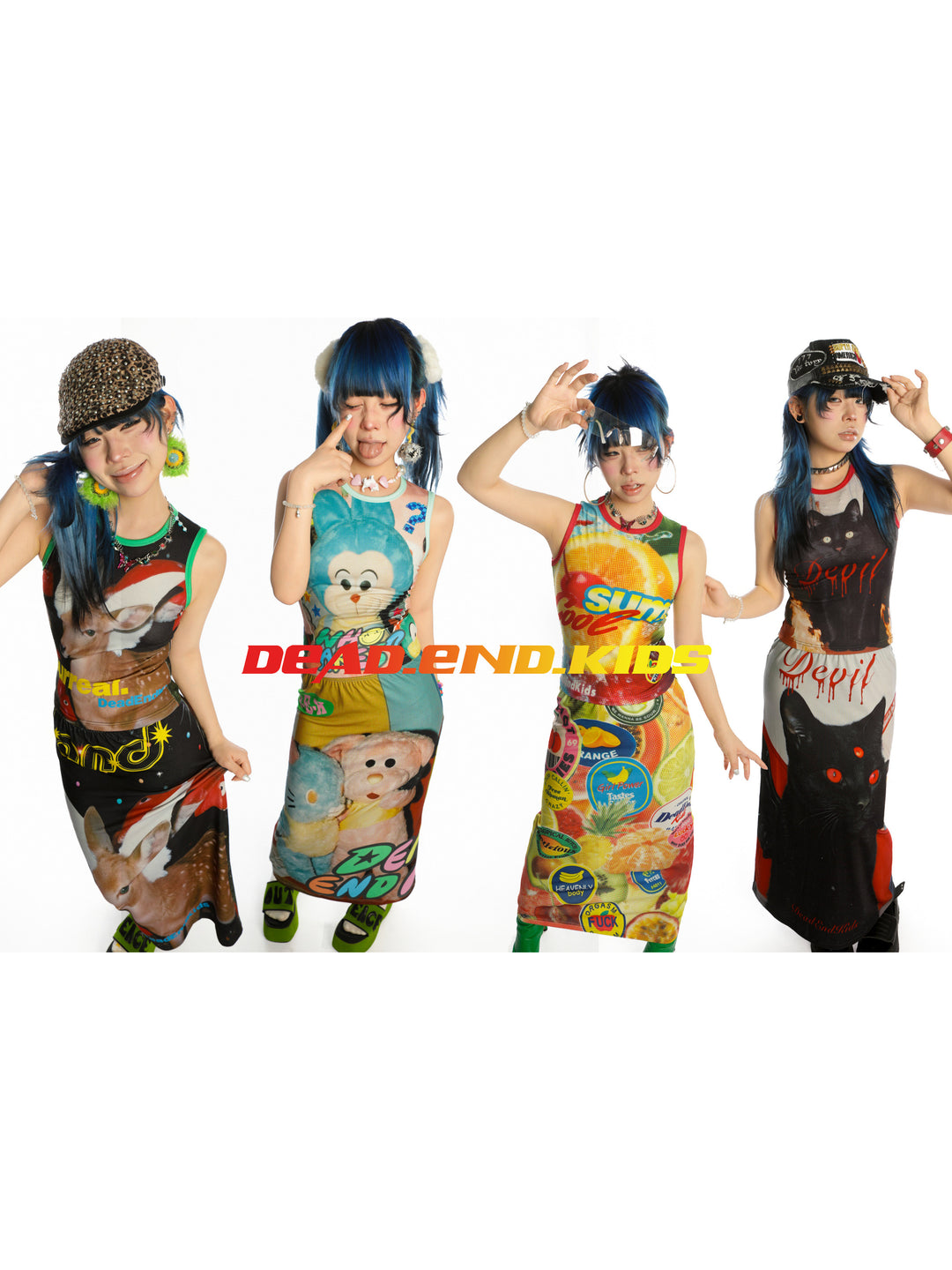 DEADENDKIDS REVERSIBLE ARCHIVE graphic maxi skirt — full-length modeled view