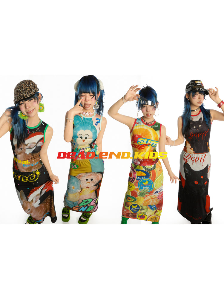 DEADENDKIDS REVERSIBLE ARCHIVE graphic maxi skirt — full-length modeled view