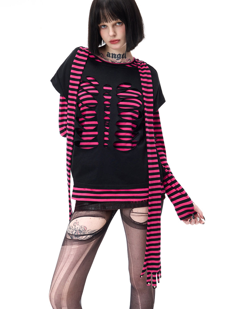PINKSPINK GHOSTHAND striped glove-sleeve tee in pink and black — close modeled view of the stripes and long panels beneath a separate black cutout tee