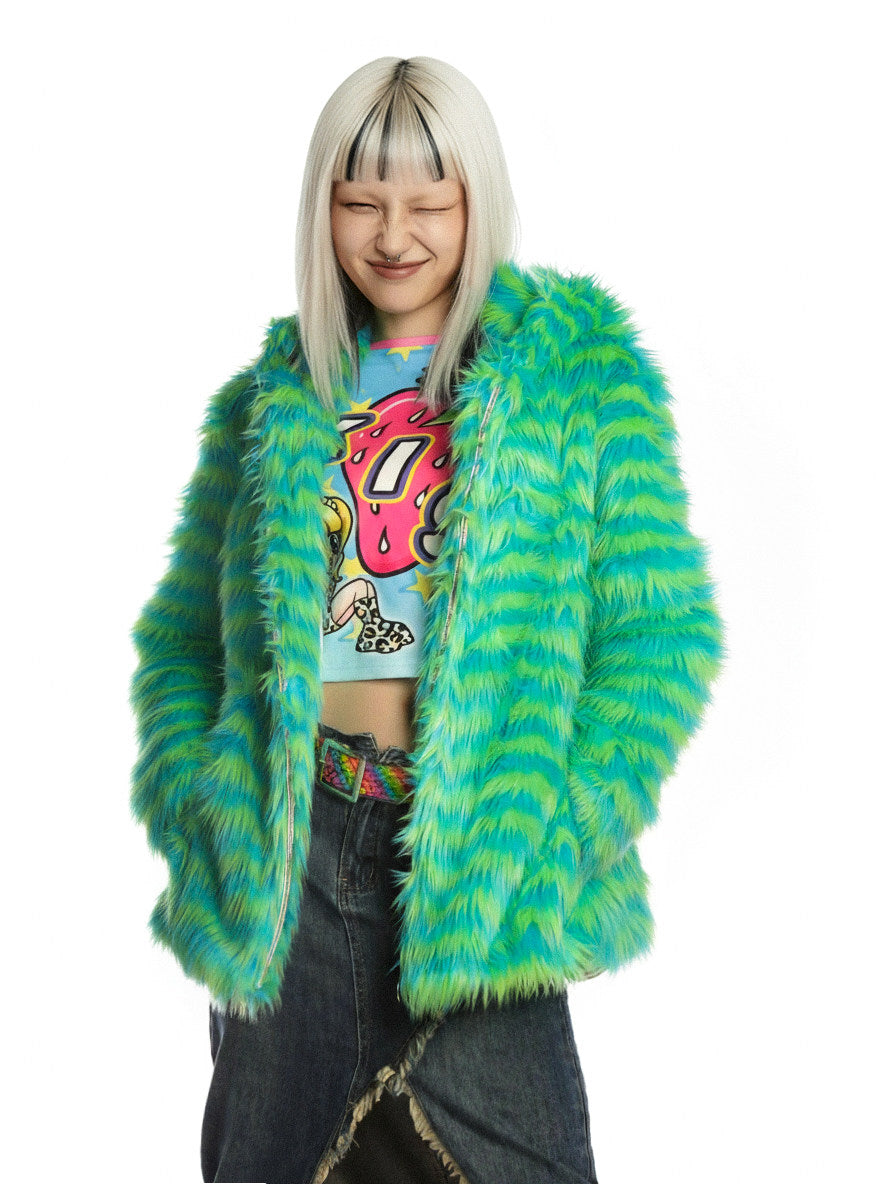 DEADENDKIDS RAVE STRIPE faux-fur hooded jacket — construction detail