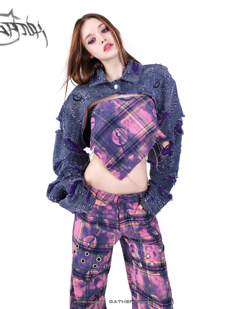 PINKSPINK ELECTRIC MOON wasteland plaid straight-leg pants — full-length modeled styling view
