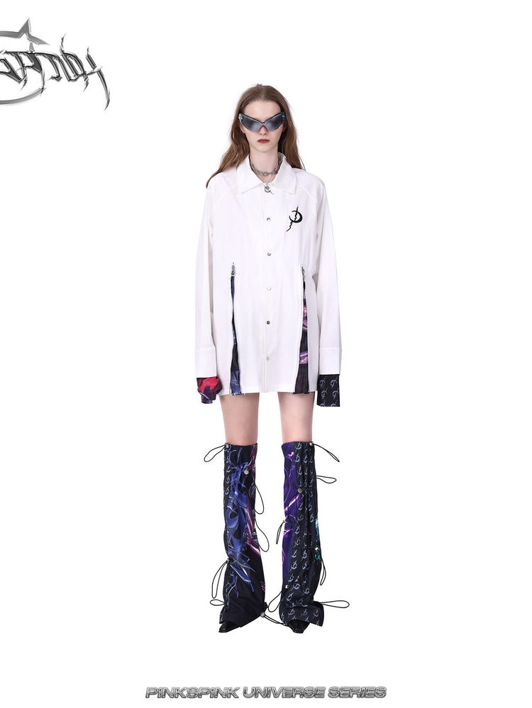 PINKSPINK COSMOS zip-panel white trench coat in white — straight front full-length modeled view with leg warmers