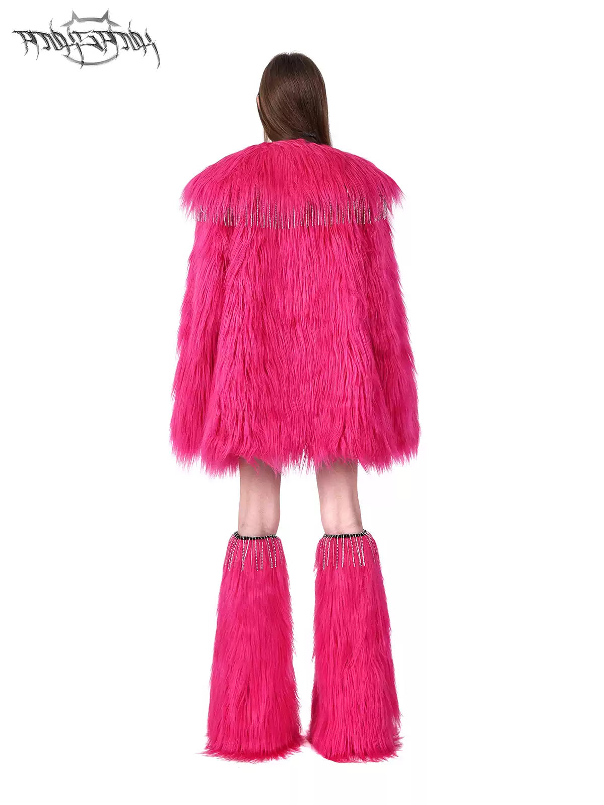 PINKSPINK BARBIE PINK rhinestone faux-fur leg warmers — close modeled view highlighting the construction