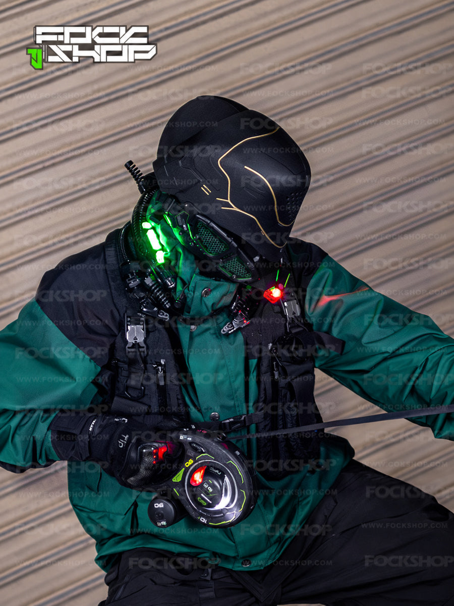 FOCKSHOP PROPHECY illuminated cyber mask — angled close modeled view with illuminated green cheek panels
