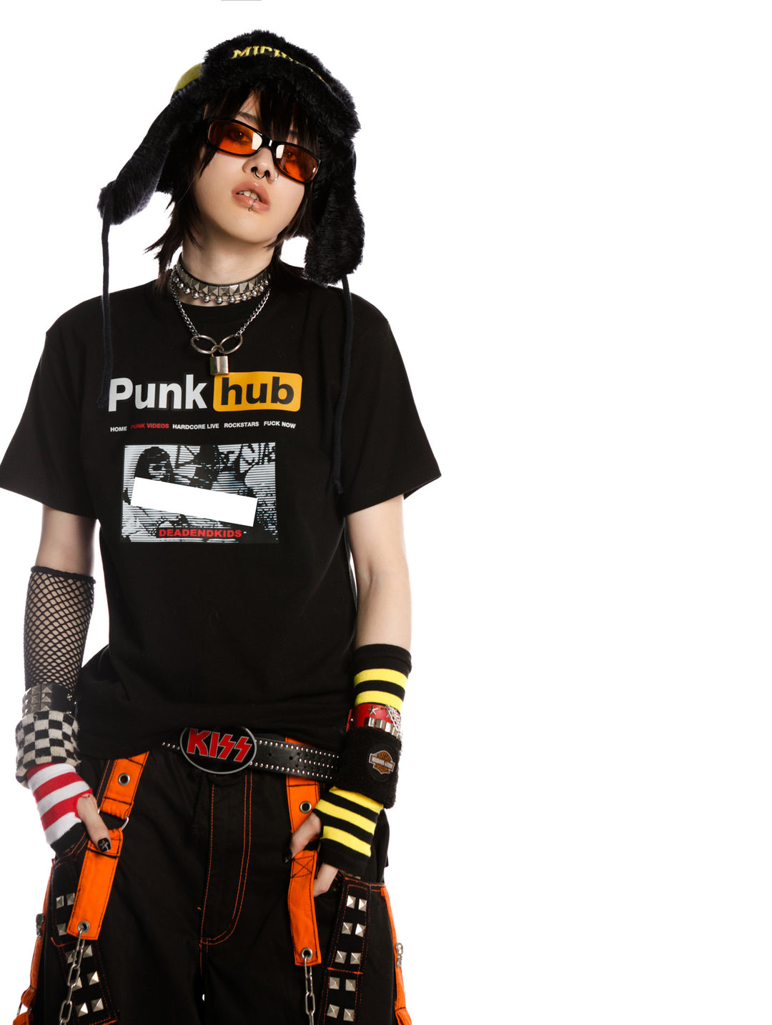DeadEndKids PunkHub black graphic T-shirt — modeled head-tilt view