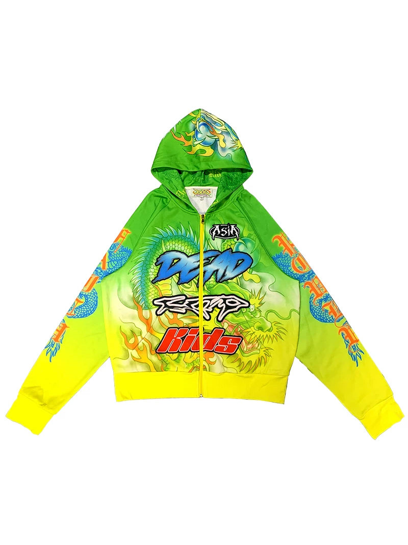 DEADENDKIDS DRAGON RIOT fleece zip hoodie — close modeled view
