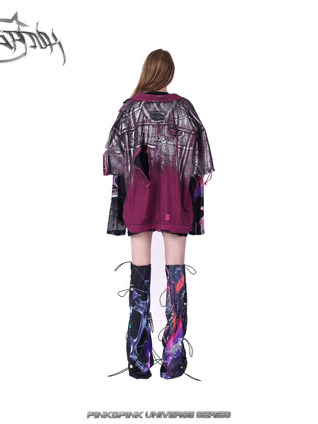 PINKSPINK silver-coated distressed denim jacket in WASTELAND PINK — rear view styled with shorts.
