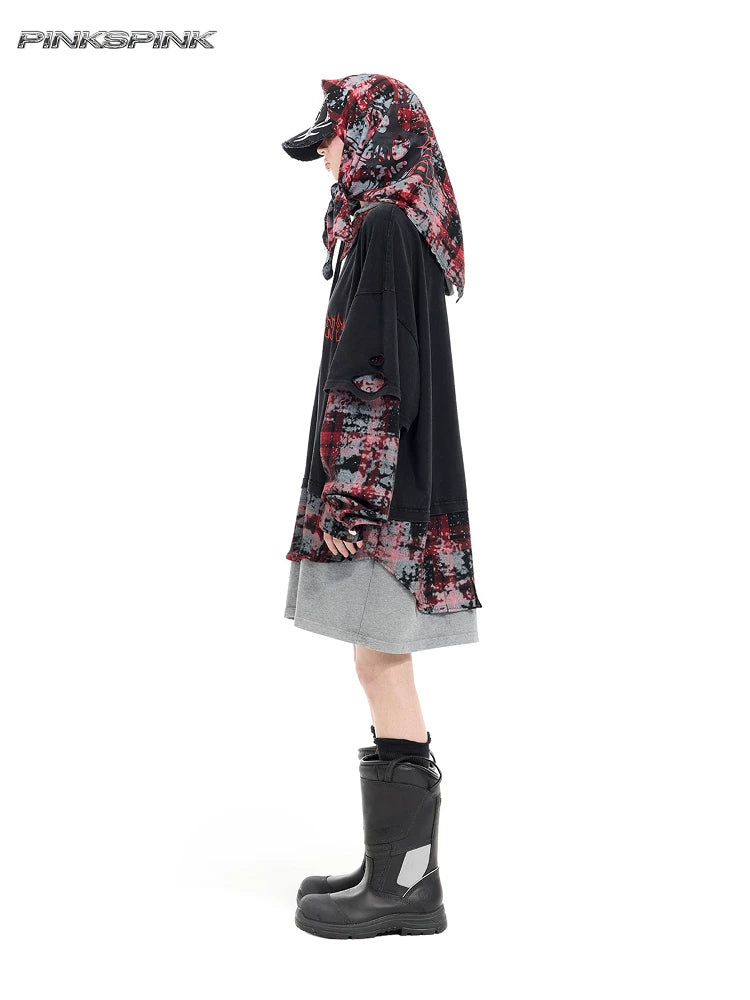 PINKSPINK REMAKE triple-layer plaid hoodie — black and red plaid hoodie — full-length side view with headscarf styling