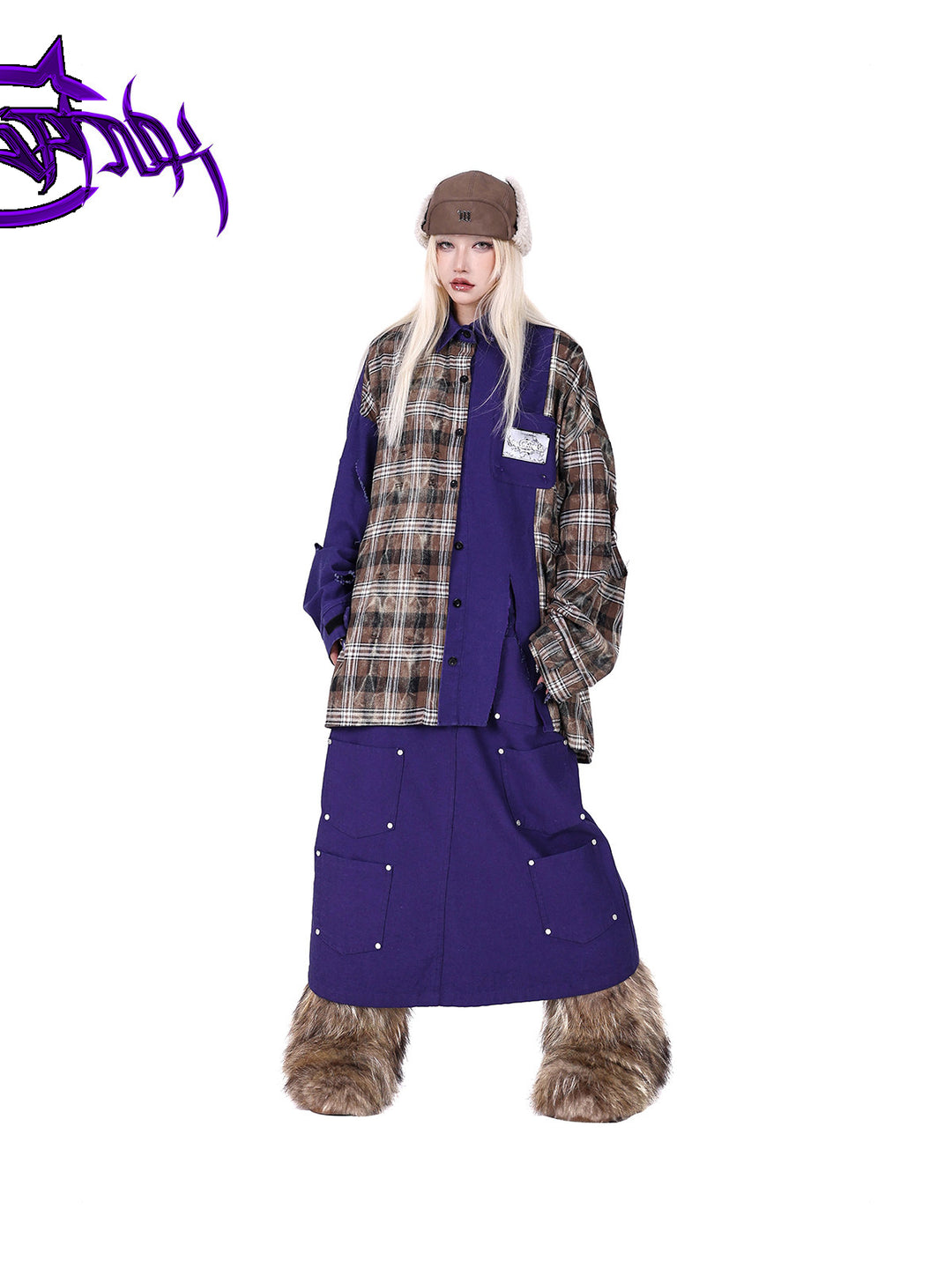 PINKSPINK DNA reconstructed multi-pocket denim maxi skirt — front full-length modeled view with a plaid shirt