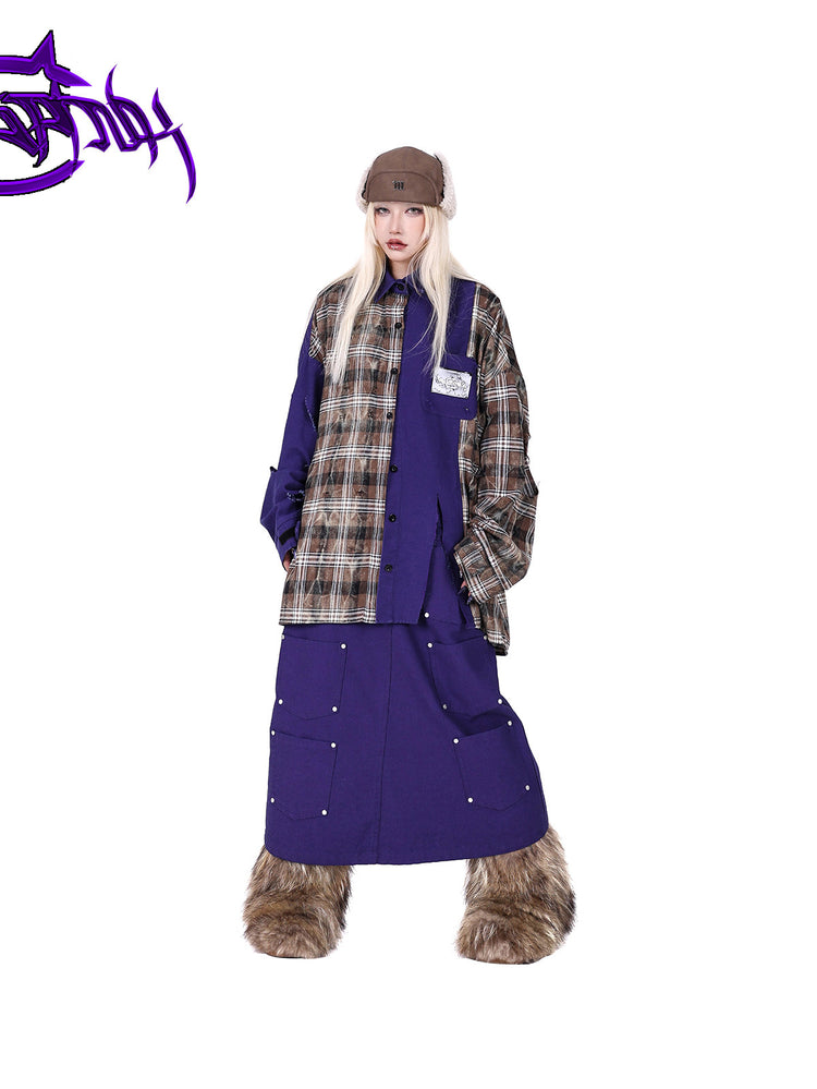PINKSPINK DNA reconstructed multi-pocket denim maxi skirt — front full-length modeled view with a plaid shirt